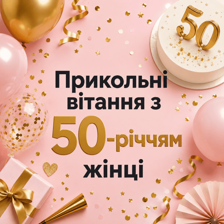 Головне зображення статті про прикольні вітання з 50-річчям жінці з мінімалістичним тортом та золотою цифрою 50.