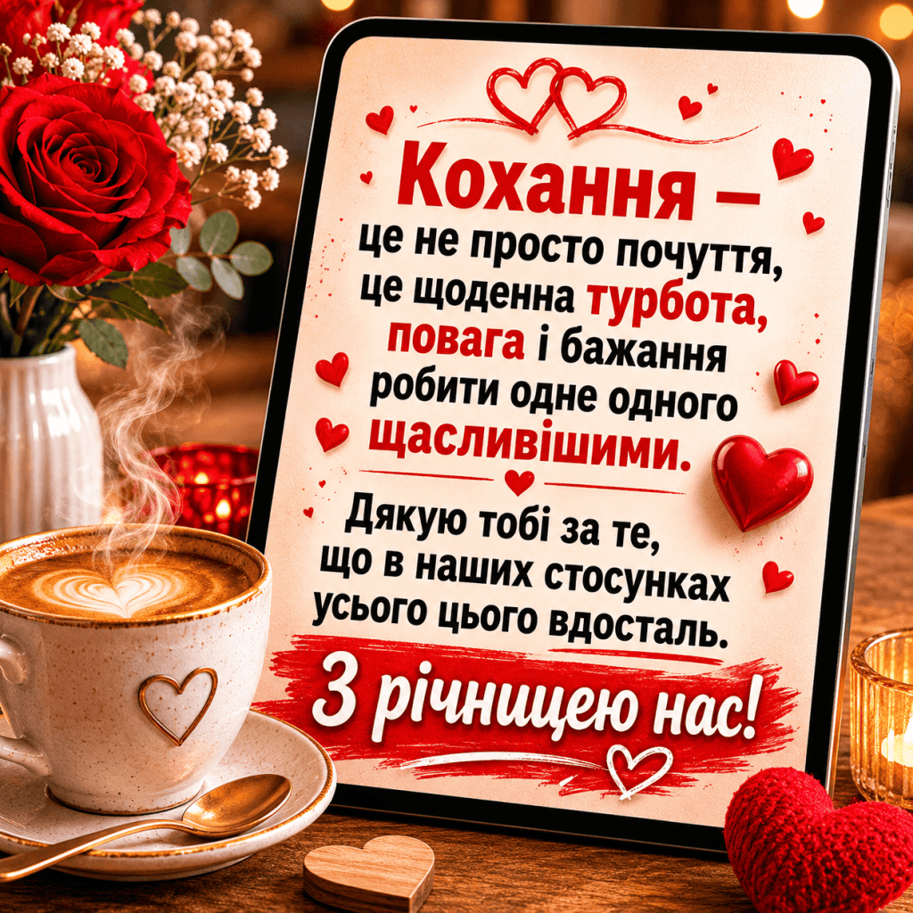 Картка з великим написом Вітаю з нашою річницею на дерев'яному столі поруч із кавою.