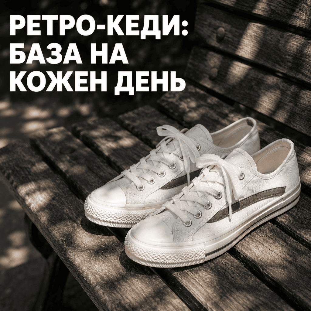 Класичні білі ретро-кеди з кольоровою смугою, що лежать на дерев'яній лавці в парку.