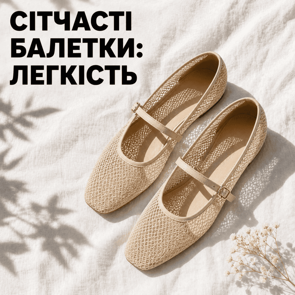 Трендові бежеві сітчасті балетки в стилі Мері-джейн, що лежать на світлій лляній тканині.