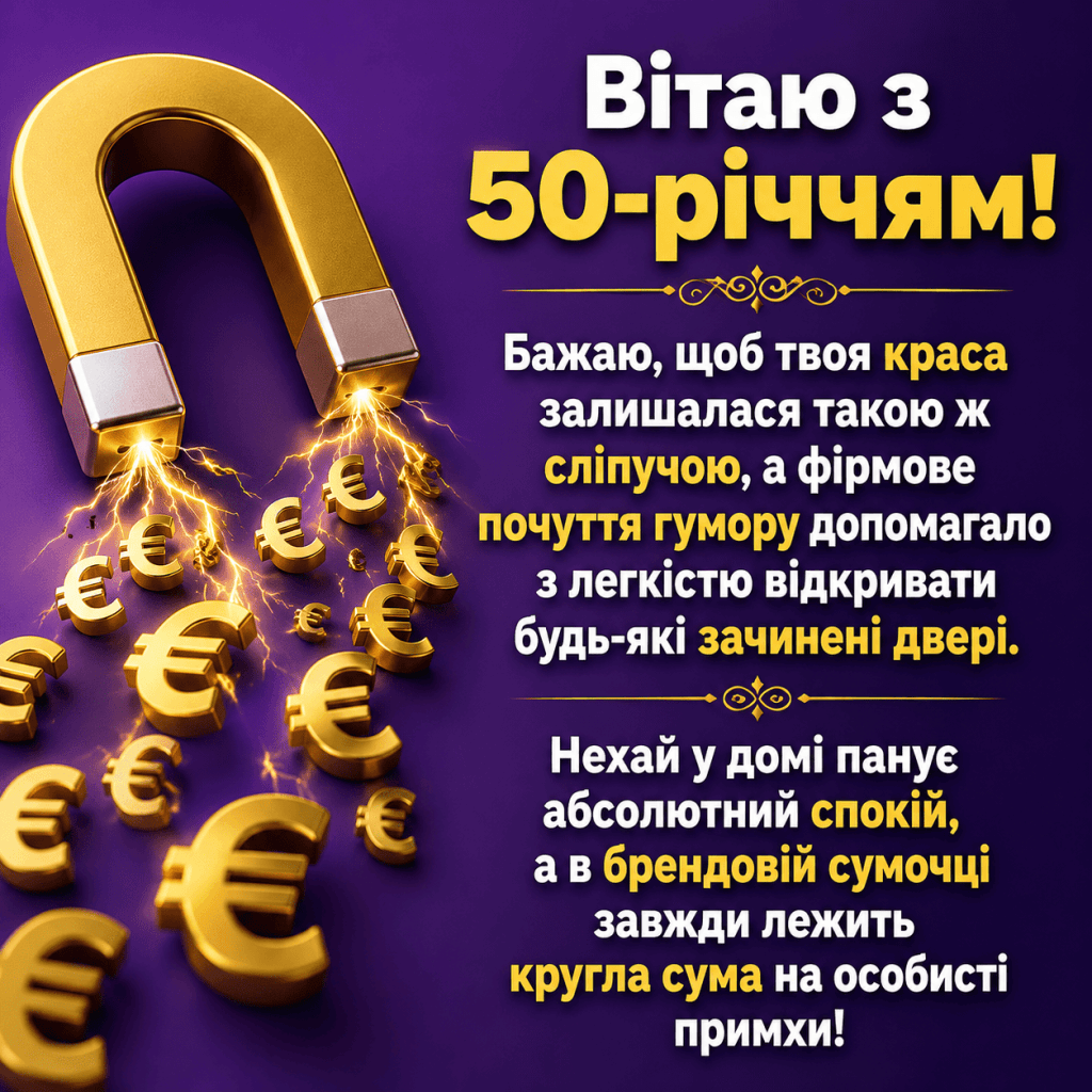 Абстрактне зображення золотого магніту та грошей для ілюстрації сучасного привітання з ювілеєм 50 років жінці.