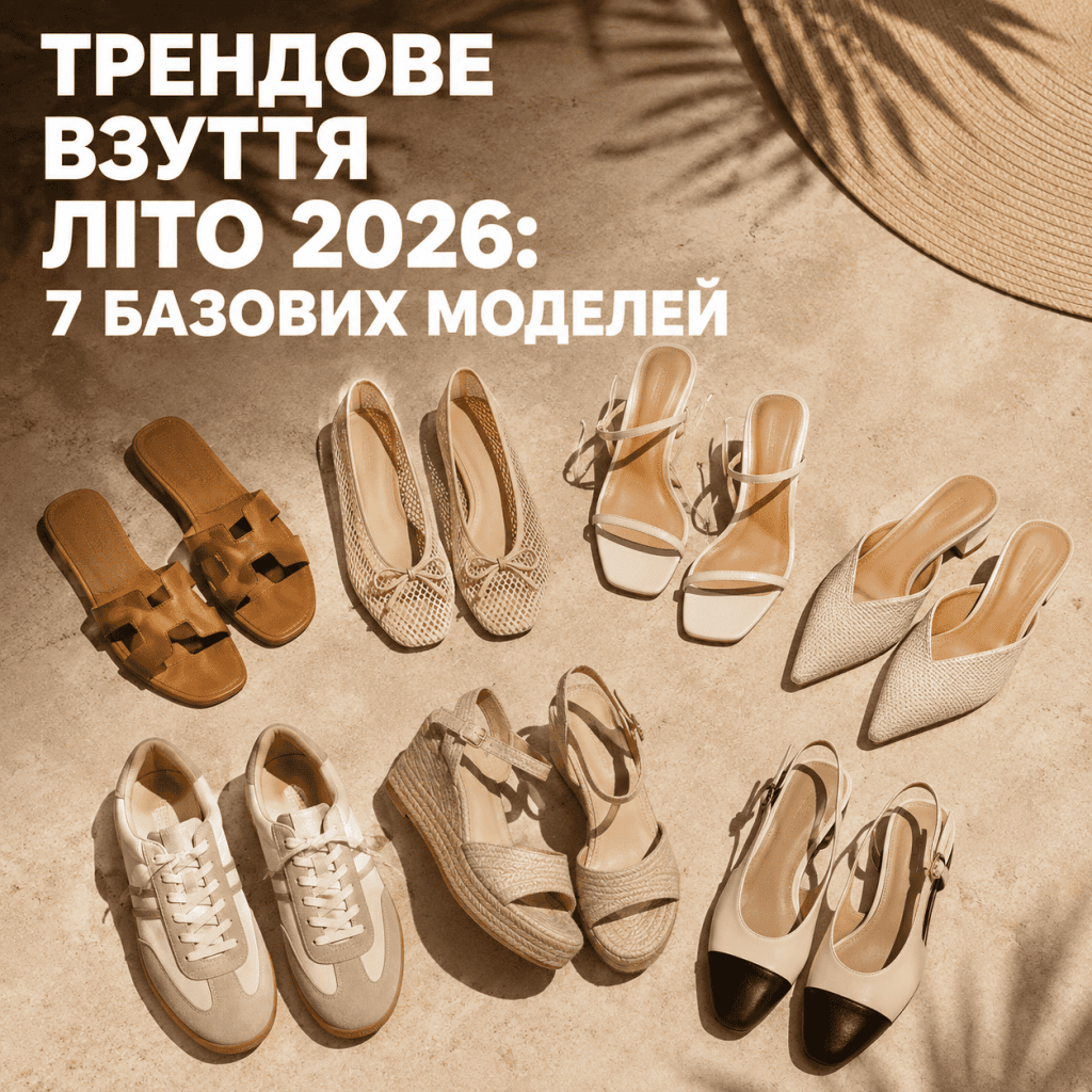 Колекція із 7 пар базового та трендового літнього взуття 2026 року (сандалі, кеди, мюлі, босоніжки), розкладена на світлій кам'яній поверхні під сонячними променями.