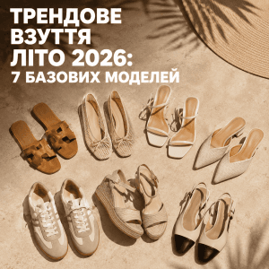 Колекція із 7 пар базового та трендового літнього взуття 2026 року (сандалі, кеди, мюлі, босоніжки), розкладена на світлій кам'яній поверхні під сонячними променями.