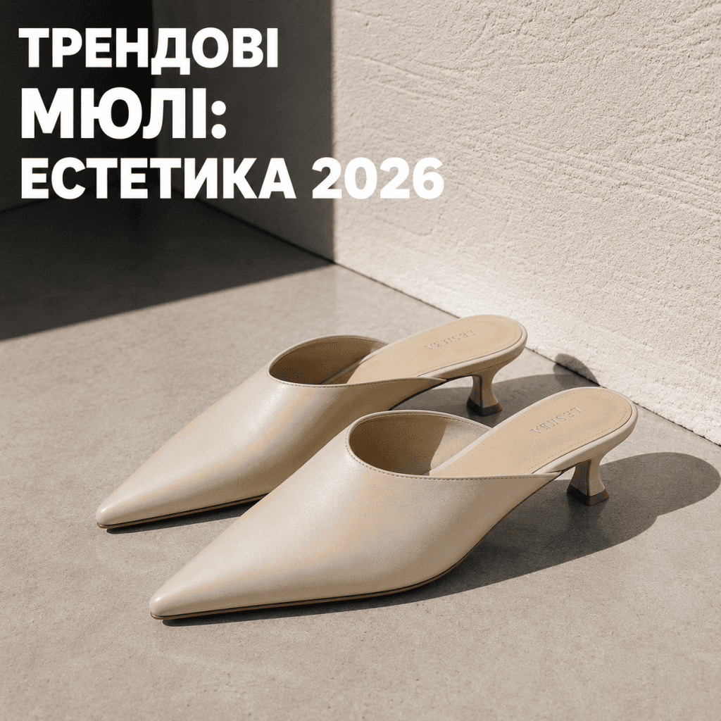 Стильні бежеві мюлі з гострим мисом на невеликих підборах, що стоять на тлі чистій архітектурної стіни.