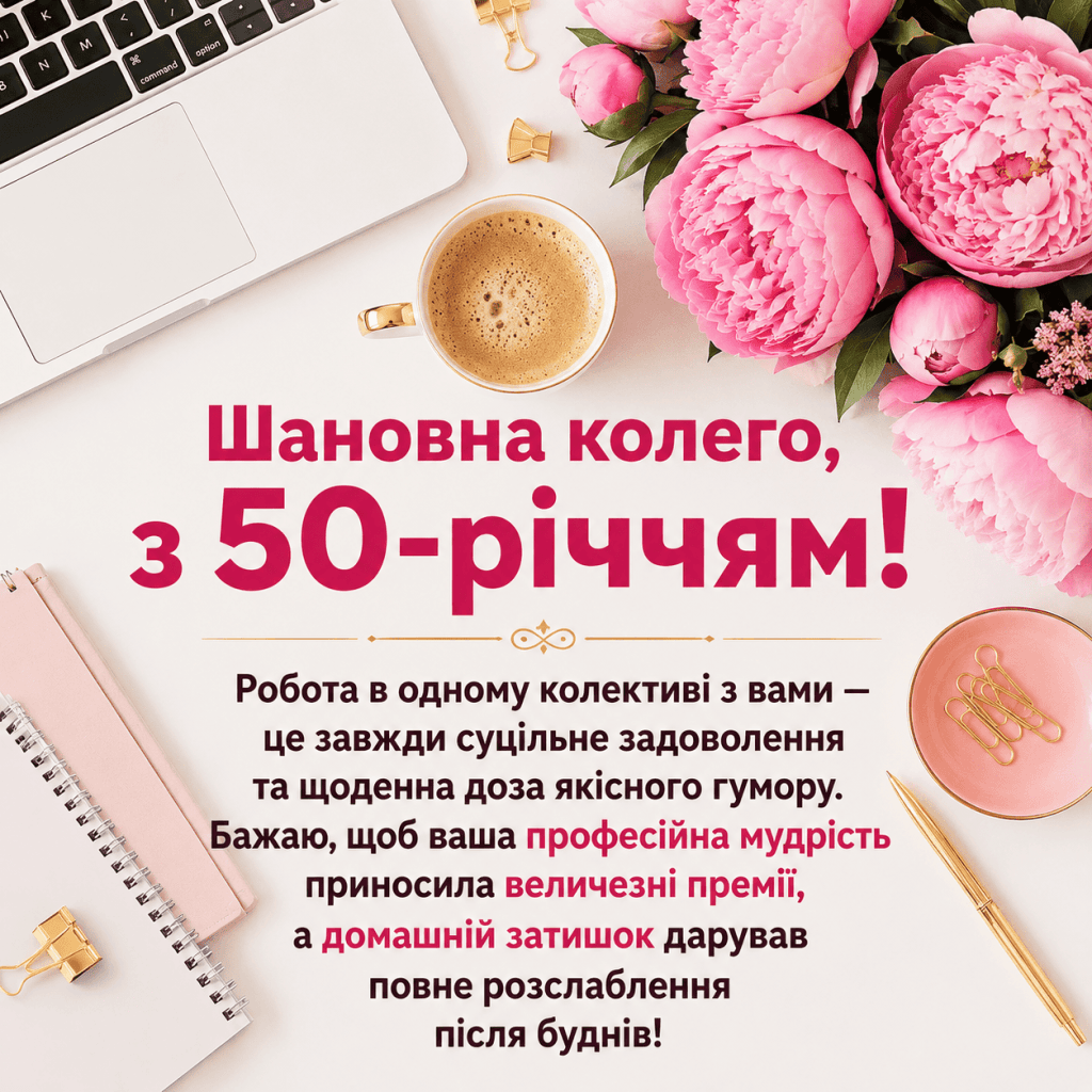 Елегантне робоче місце з півоніями та кавою для привітання колеги жінки з ювілеєм 50 років.