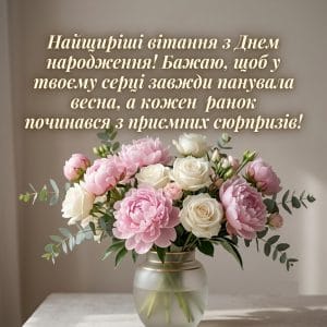 Головна листівка з днем народження жінці з розкішним букетом рожевих півоній та білих троянд