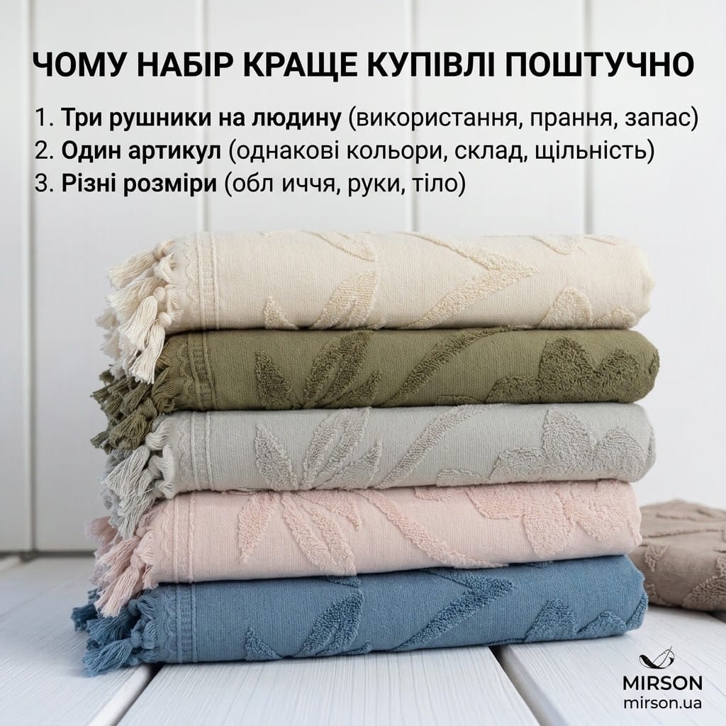 Інфографіка, що пояснює переваги купівлі рушників наборами. Зображено стопку м'яких рушників Mirson з текстурою та китицями у натуральних відтінках. Текст українською мовою перераховує: "Три на людину (використання, прання, запас)", "Один артикул (однакові кольори, склад, щільність)", "Різні розміри (обличчя, руки, тіло)".