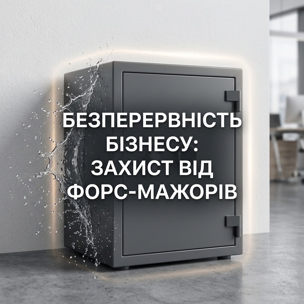 Сучасний офісний сейф, що захищає від стихій. Текст українською: "БЕЗПЕРЕРВНІСТЬ БІЗНЕСУ: ЗАХИСТ ВІД ФОРС-МАЖОРІВ". Краплі води відскакують від сейфа, підкреслюючи захист.